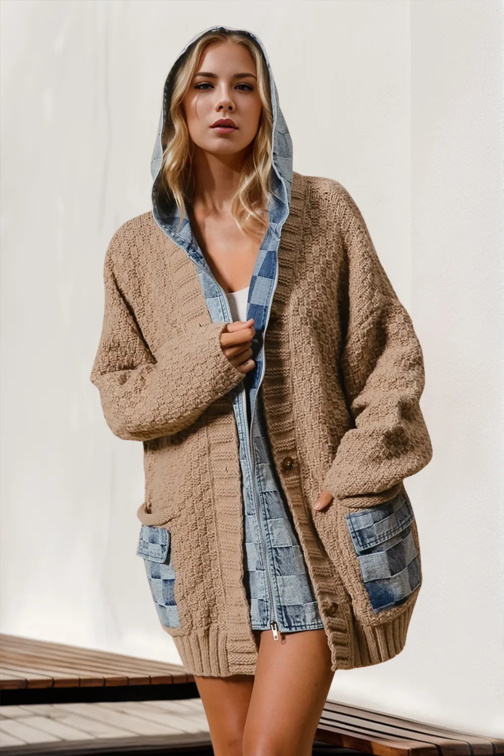 Double Take Full Size Hooded Denim Spliced Sweater Cardigan - lafala